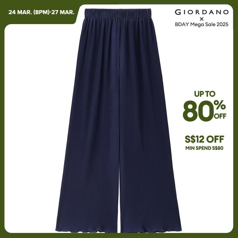 GIORDANO Women Pants Chiffon Lightweight Pleated Pants Elastic Waist Wide Leg Ruffle Relaxed Fashion Casual Pants 18414908 · v3