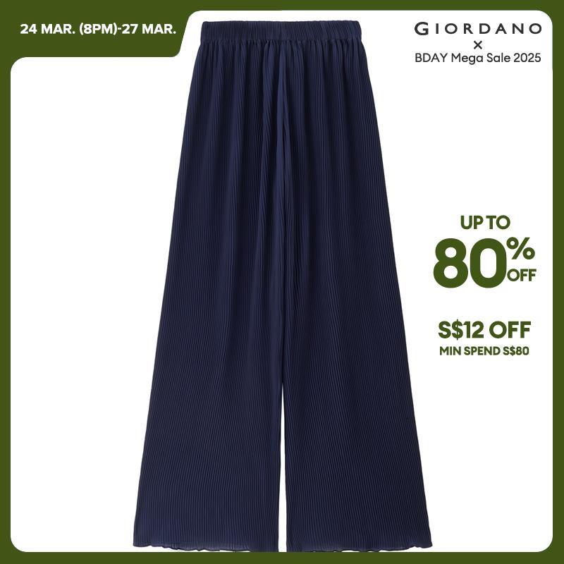 GIORDANO Women Pants Chiffon Lightweight Pleated Pants Elastic Waist Wide Leg Ruffle Relaxed Fashion Casual Pants 18414908 · v3