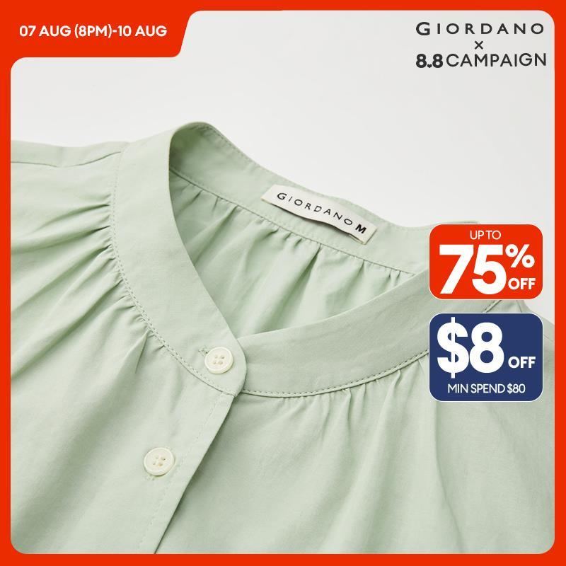 GIORDANO Women Shirts Tencel Mandarin Collar Blouses Curved Hem Short Sleeve Simple Summer Fashion Casual Shirts 18344208