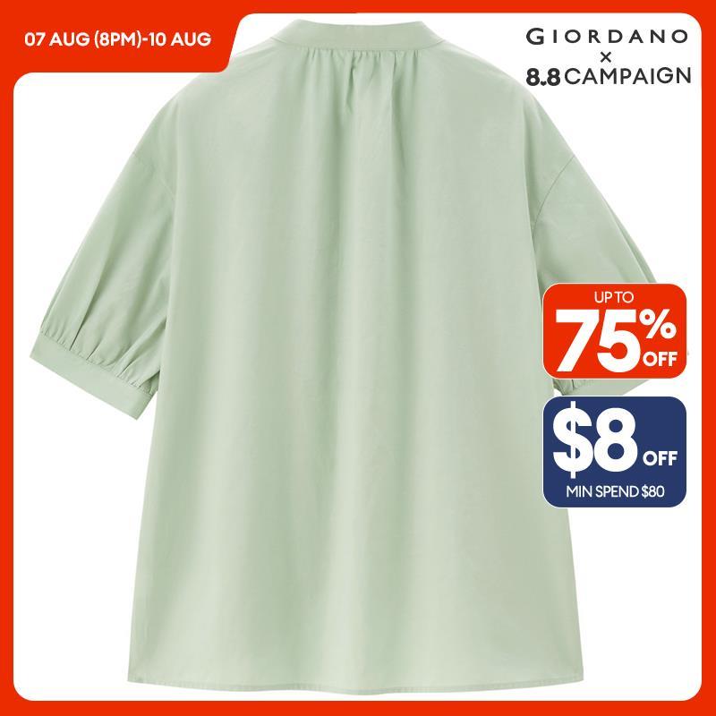 GIORDANO Women Shirts Tencel Mandarin Collar Blouses Curved Hem Short Sleeve Simple Summer Fashion Casual Shirts 18344208