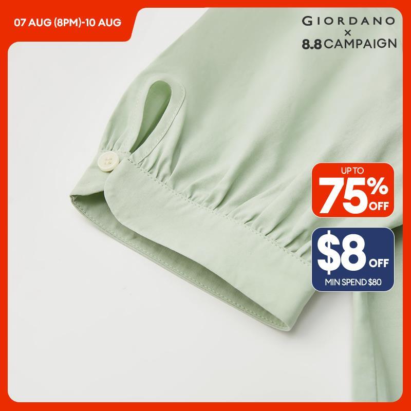GIORDANO Women Shirts Tencel Mandarin Collar Blouses Curved Hem Short Sleeve Simple Summer Fashion Casual Shirts 18344208