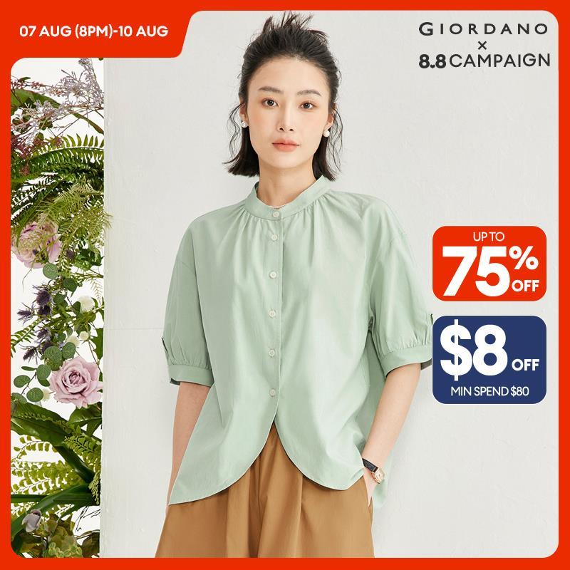 GIORDANO Women Shirts Tencel Mandarin Collar Blouses Curved Hem Short Sleeve Simple Summer Fashion Casual Shirts 18344208