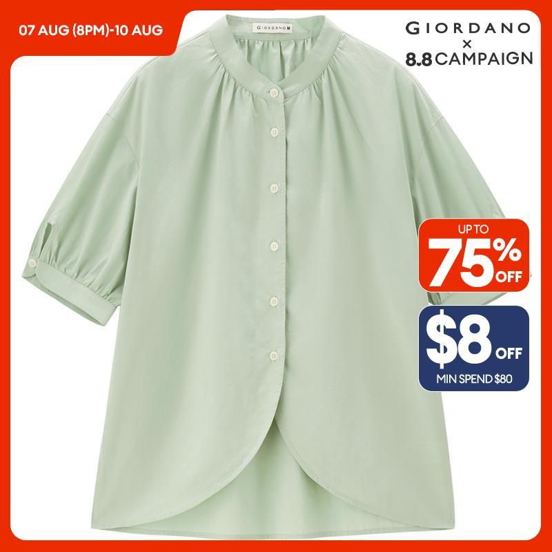 GIORDANO Women Shirts Tencel Mandarin Collar Blouses Curved Hem Short Sleeve Simple Summer Fashion Casual Shirts 18344208