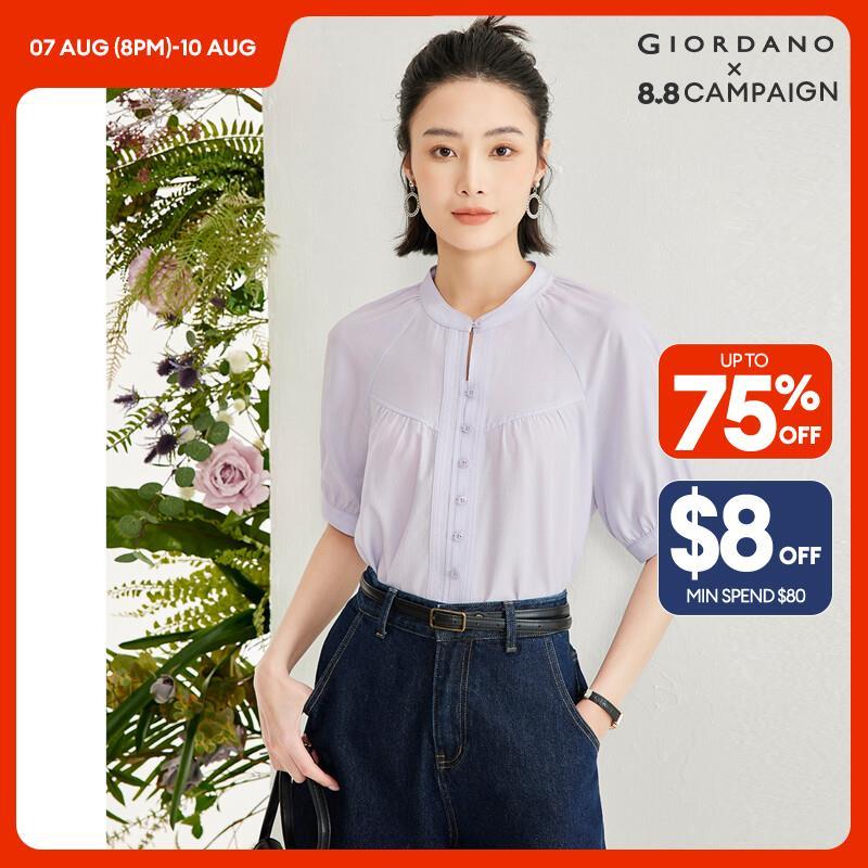 GIORDANO Women Shirts Mandarin Collar Lightweight Summer Blouses Raglan Sleeve Button Closure Fashion Casual Shirts 18344207