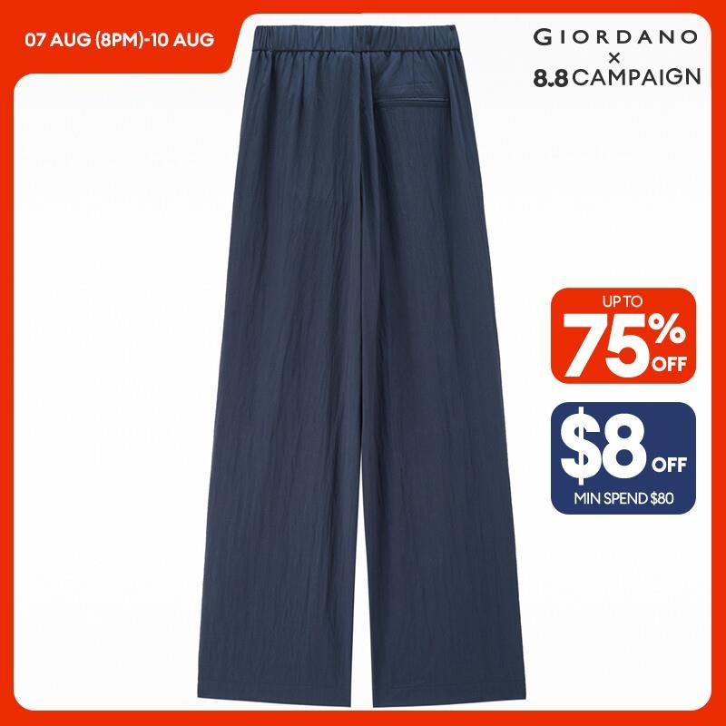 GIORDANO Women Pants Ribbon Half Elastic Waist Lightweight Pants Solid Color Simple Fashion Casual Pleated Pants 18414209 · v2