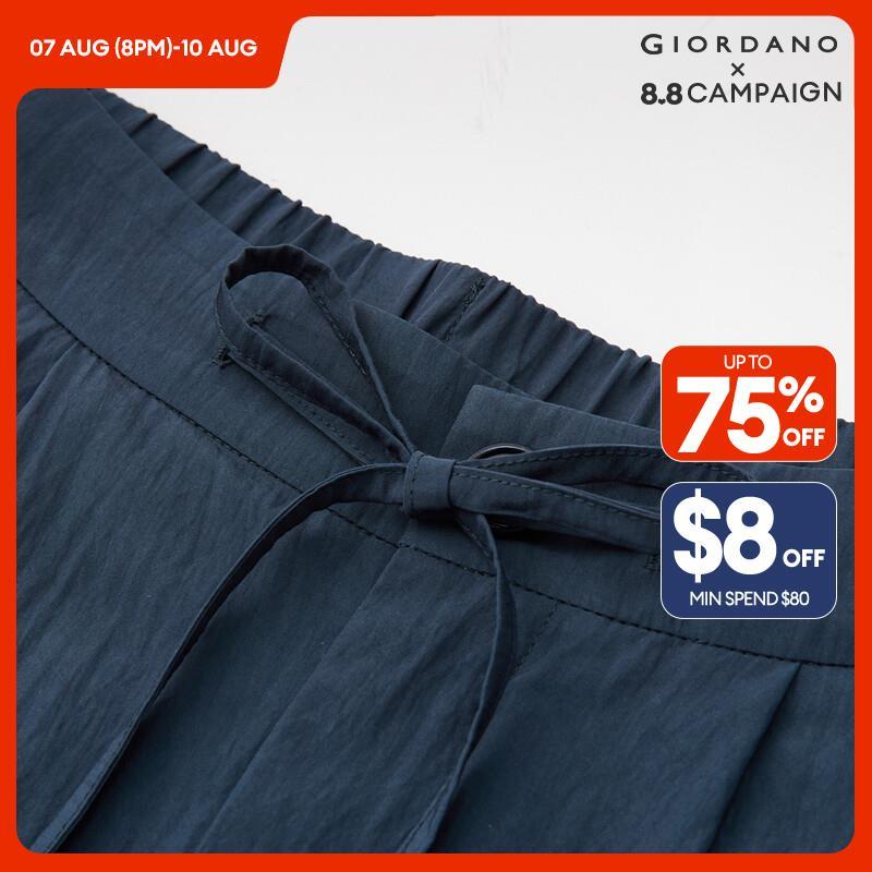 GIORDANO Women Pants Ribbon Half Elastic Waist Lightweight Pants Solid Color Simple Fashion Casual Pleated Pants 18414209 · v2
