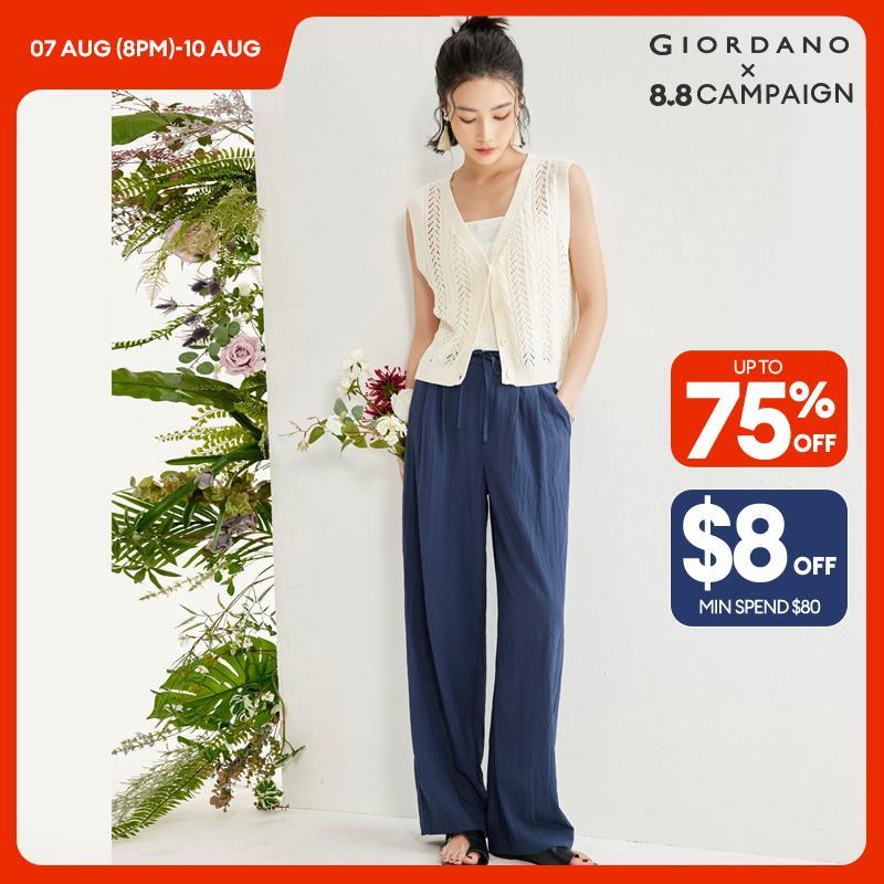 GIORDANO Women Pants Ribbon Half Elastic Waist Lightweight Pants Solid Color Simple Fashion Casual Pleated Pants 18414209 · v2