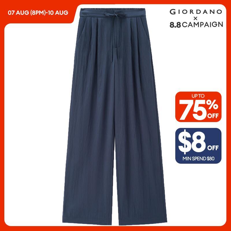 GIORDANO Women Pants Ribbon Half Elastic Waist Lightweight Pants Solid Color Simple Fashion Casual Pleated Pants 18414209 · v2
