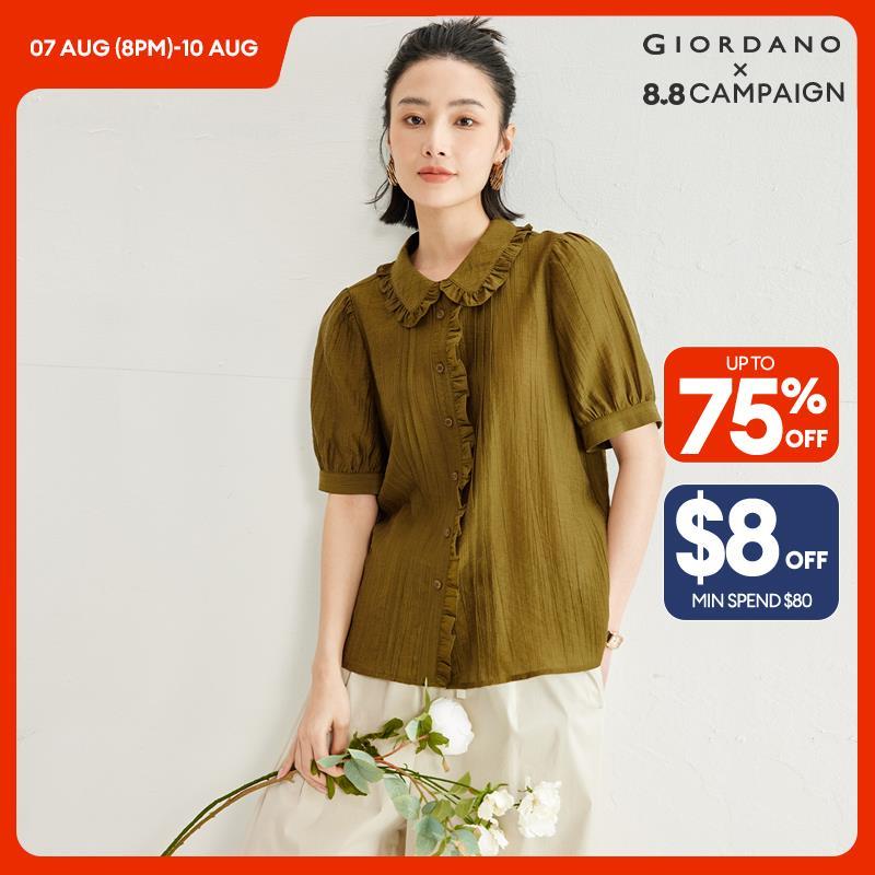 GIORDANO Women Shirts Tencel Ruffle Trims Lightweight Blouses Short Sleeve Button Closure Summer Fashion Casual Shirts 18344911