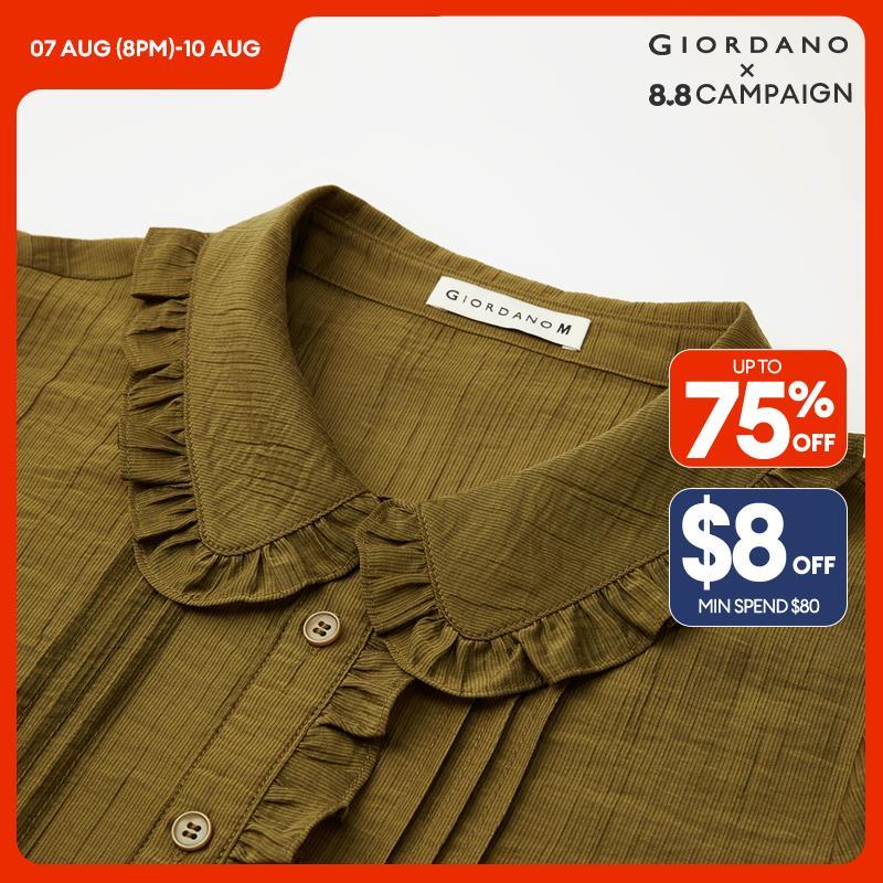 GIORDANO Women Shirts Tencel Ruffle Trims Lightweight Blouses Short Sleeve Button Closure Summer Fashion Casual Shirts 18344911