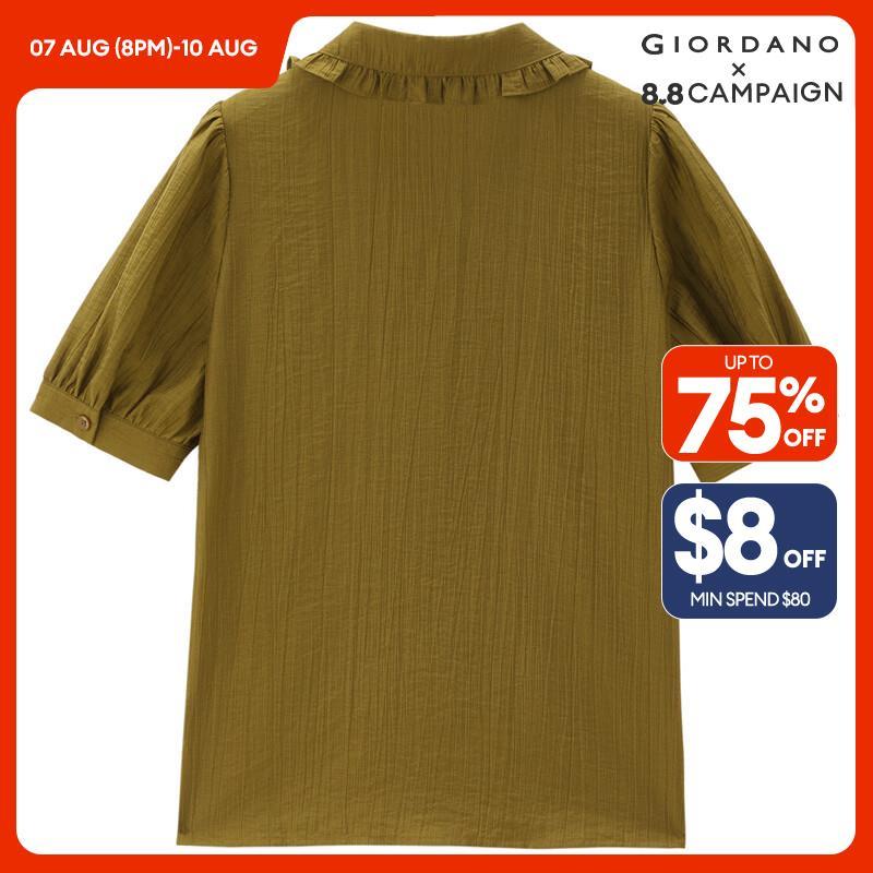 GIORDANO Women Shirts Tencel Ruffle Trims Lightweight Blouses Short Sleeve Button Closure Summer Fashion Casual Shirts 18344911