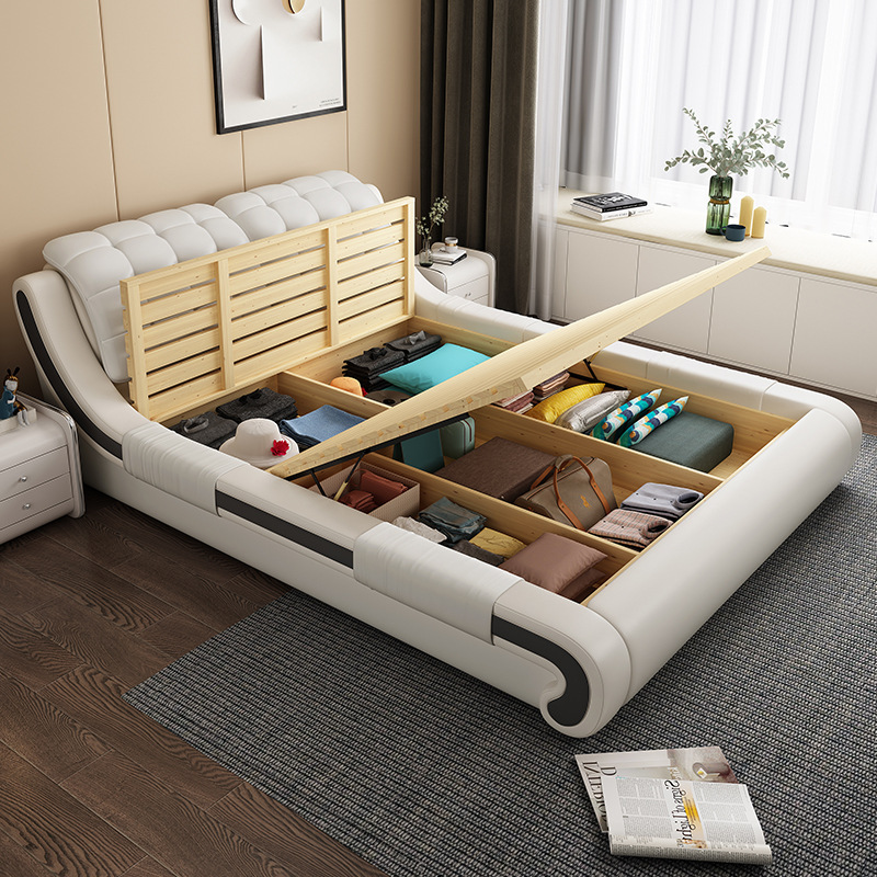 Leather bed master bedroom 1.8m double bed modern simple tatami bed storage wedding bed European style furniture · v2