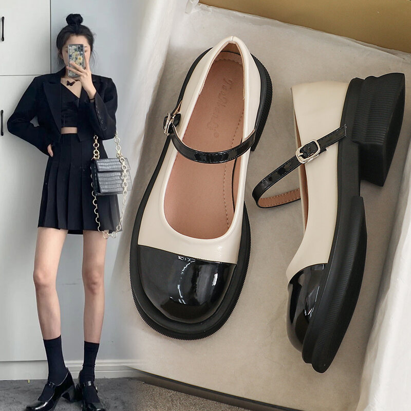 Genuine Leather Mary Janes Women's Shoes Spring Summer British Style Flats Large Size 41 for Skirts Thick Bottom Small Leather Shoes · v9