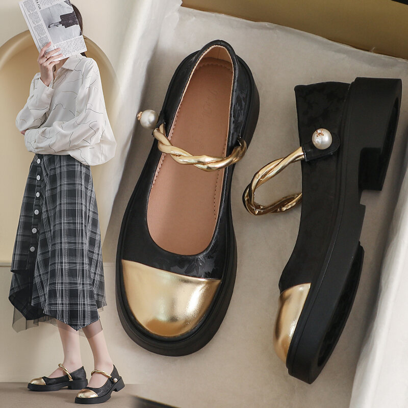 Genuine Leather Mary Janes Women's Shoes Spring Summer British Style Flats Large Size 41 for Skirts Thick Bottom Small Leather Shoes · v9