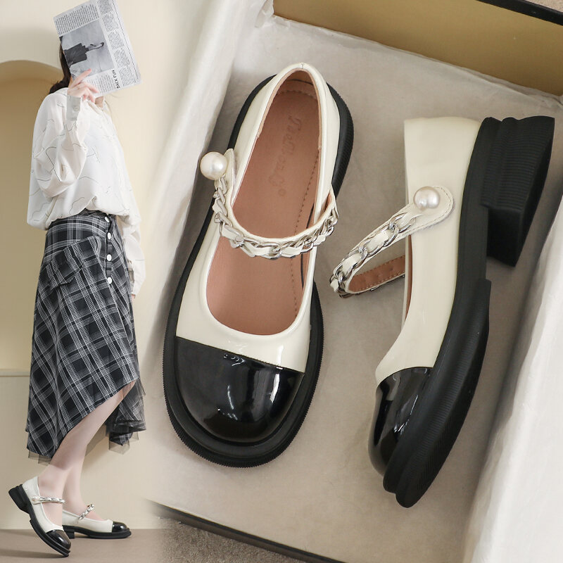 Genuine Leather Mary Janes Women's Shoes Spring Summer British Style Flats Large Size 41 for Skirts Thick Bottom Small Leather Shoes · v9