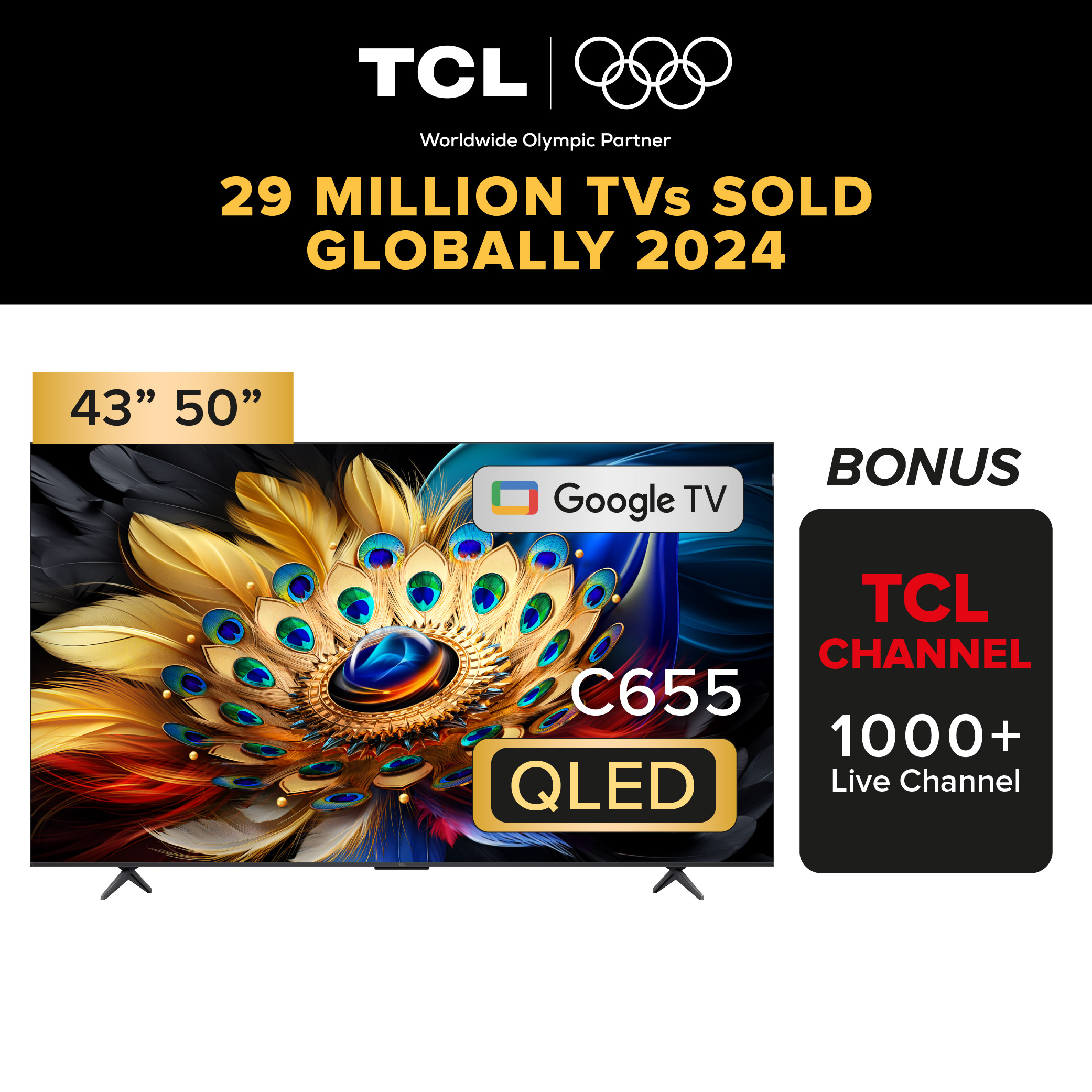 2024 TCL C655 4K QLED | 43 × 50 Zoll | AI Smart Google TV | Augenpflege