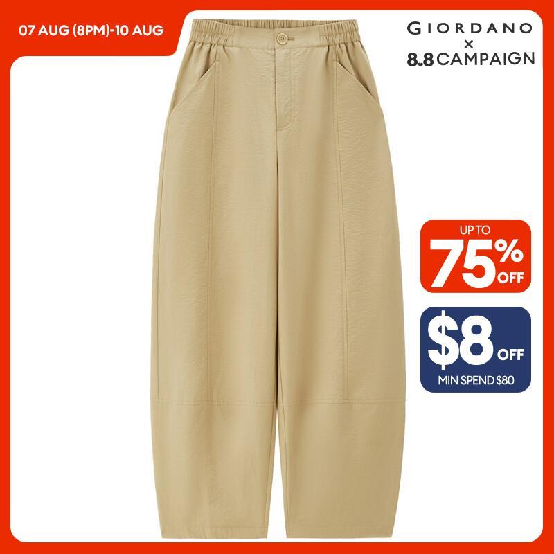 GIORDANO Women Pants Exposed Seam Half Elastic Waist Pants Lightweight Wide Leg Ankle Length Fashion Casual Pants 18424902 · v2