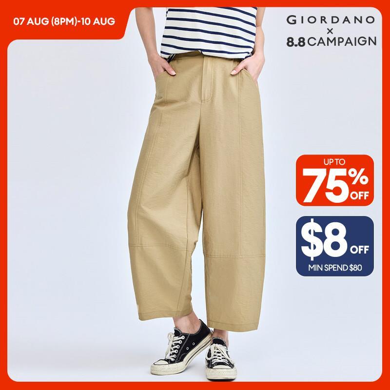 GIORDANO Women Pants Exposed Seam Half Elastic Waist Pants Lightweight Wide Leg Ankle Length Fashion Casual Pants 18424902 · v2