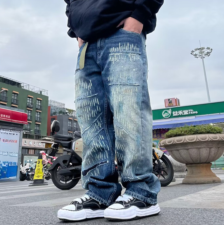 2024 Japanese Heavy Fashion Men's Trousers Casual loose and versatile retro rainy night butcher jeans