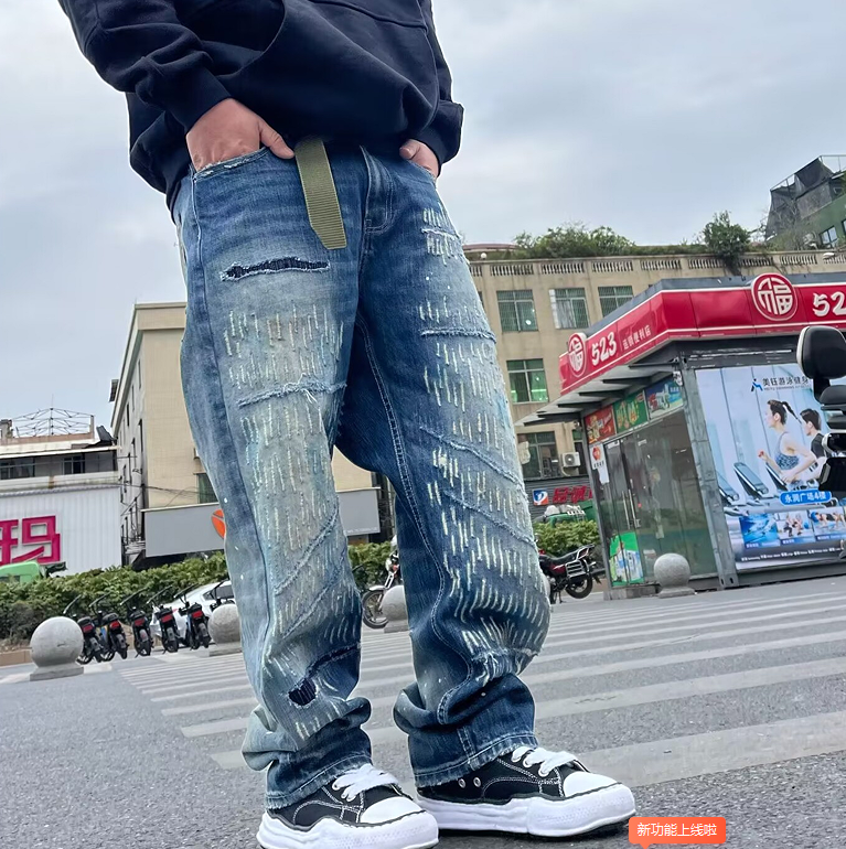 2024 Japanese Heavy Fashion Men's Trousers Casual loose and versatile retro rainy night butcher jeans