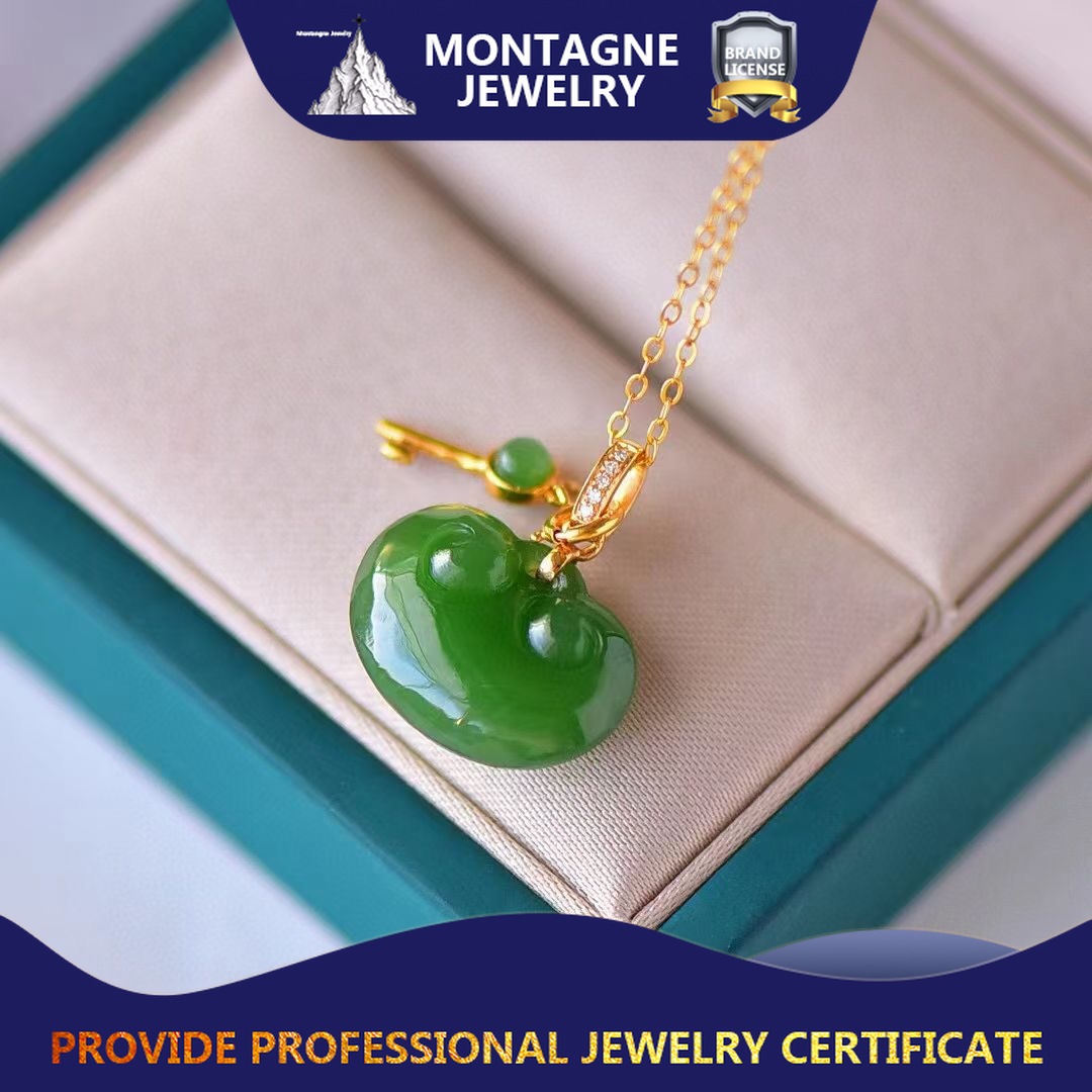 Montagne Jewelry 18k Pure Rose Gold Necklace Diamond Inset RUYI Key Design Fine Jewellery 18.5*16mm Natural Grade A Green Jade Pendant Necklace