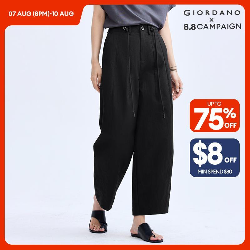 GIORDANO Women Pants Drawstring Half Elastic Waist Pants Wide Leg Ankle Length Relaxed Simple Fashion Casual Pants 18424606 · v2