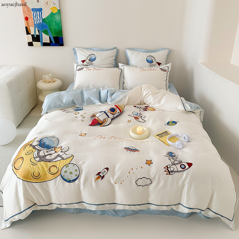 Bedding Sets Cartoon Embroidery 100 Blue Essence Double sided Tencel Four piece Set with Cool Ice Silk Bed Sheet and Quilt Cover for Children's Bedding aoyuejhasd-CB