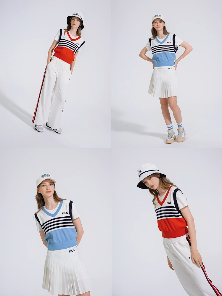 [NEW COLOR!] FILA CORE LIFESTYLE ORIGINALE FRENCH TENNIS CLUB Women Short Sleeve T-shirt + Sleeveless Knit Vest Set (Red / Blue)