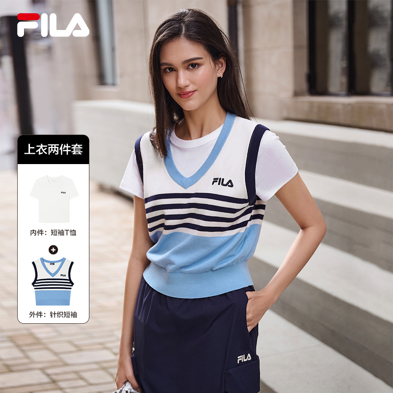 [NEW COLOR!] FILA CORE LIFESTYLE ORIGINALE FRENCH TENNIS CLUB Women Short Sleeve T-shirt + Sleeveless Knit Vest Set (Red / Blue)