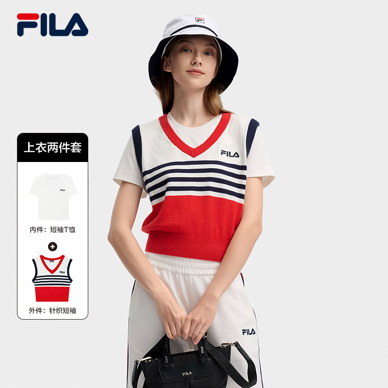 [NEW COLOR!] FILA CORE LIFESTYLE ORIGINALE FRENCH TENNIS CLUB Women Short Sleeve T-shirt + Sleeveless Knit Vest Set (Red / Blue)