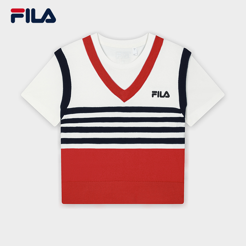 [NEW COLOR!] FILA CORE LIFESTYLE ORIGINALE FRENCH TENNIS CLUB Women Short Sleeve T-shirt + Sleeveless Knit Vest Set (Red / Blue)