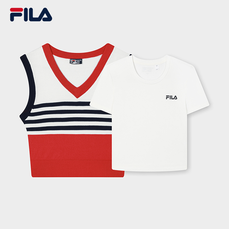 [NEW COLOR!] FILA CORE LIFESTYLE ORIGINALE FRENCH TENNIS CLUB Women Short Sleeve T-shirt + Sleeveless Knit Vest Set (Red / Blue)