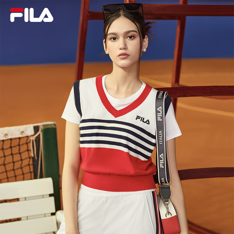 [NEW COLOR!] FILA CORE LIFESTYLE ORIGINALE FRENCH TENNIS CLUB Women Short Sleeve T-shirt + Sleeveless Knit Vest Set (Red / Blue)