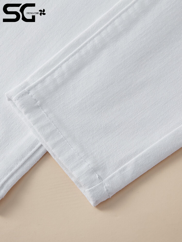 High Waist Slim Fit Women's Jeans White Small Foot Skinny Elastic Long Pants Cotton Polyester Blend Four Seasons Universal · v2