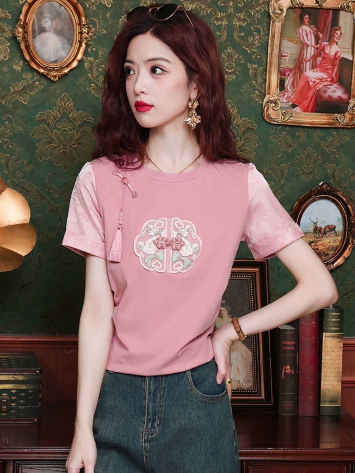 New Summer Chinese Style Women's Loose Fit Short Sleeve T-Shirt Embroidered Slimming Top Trendy round Neck Cotton Casual Wear · v3