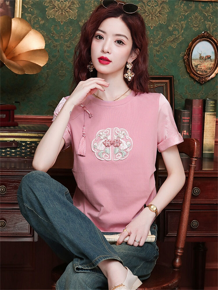New Summer Chinese Style Women's Loose Fit Short Sleeve T-Shirt Embroidered Slimming Top Trendy round Neck Cotton Casual Wear · v3
