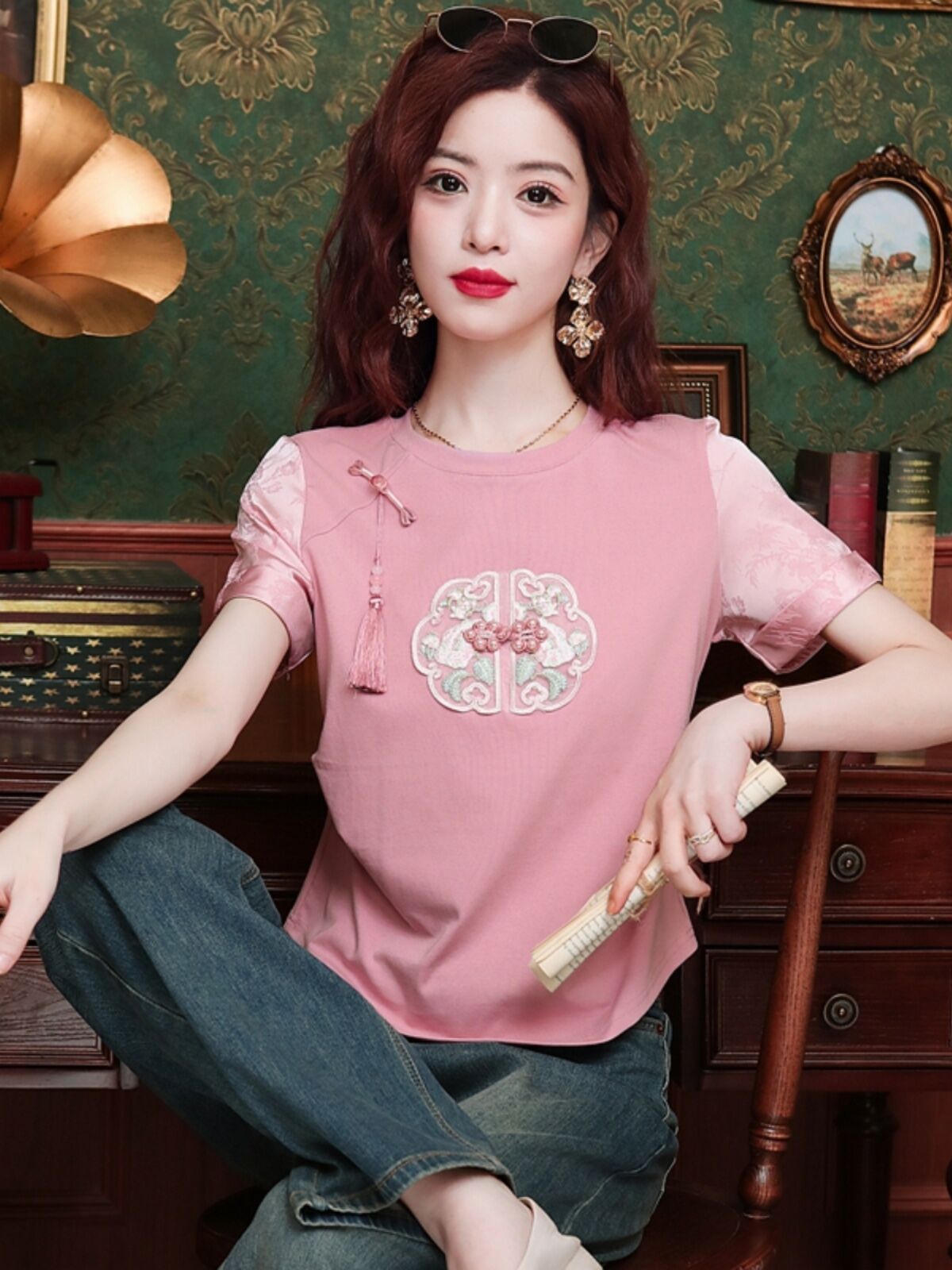 New Summer Chinese Style Women's Loose Fit Short Sleeve T-Shirt Embroidered Slimming Top Trendy round Neck Cotton Casual Wear · v3