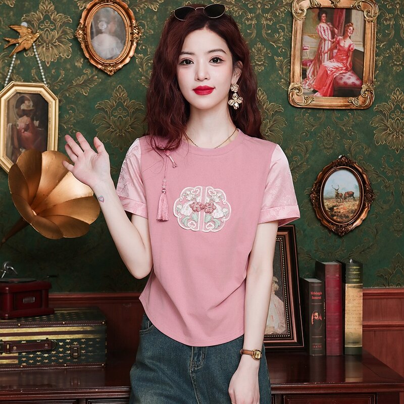 New Summer Chinese Style Women's Loose Fit Short Sleeve T-Shirt Embroidered Slimming Top Trendy round Neck Cotton Casual Wear · v3