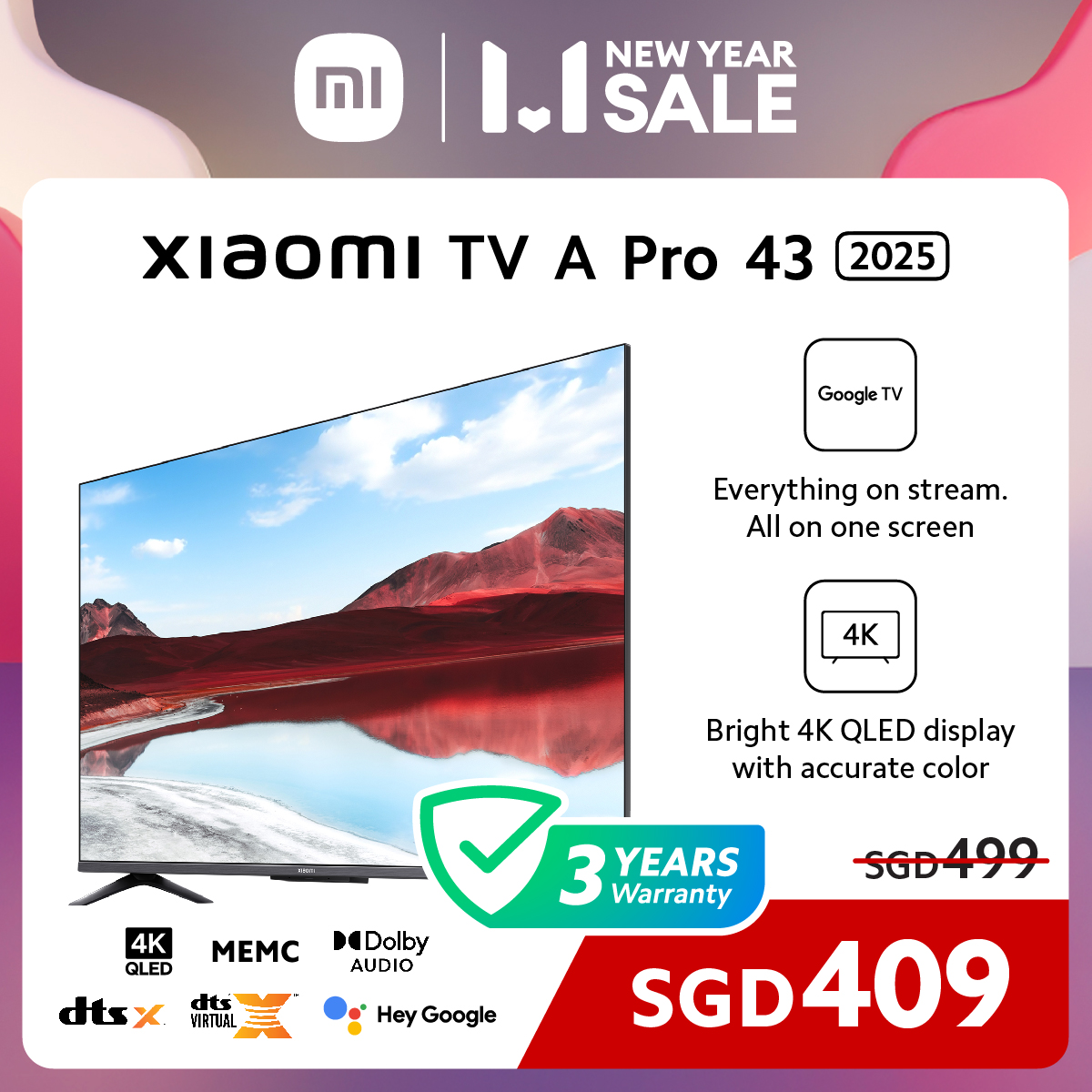 Xiaomi TV | A Pro 43 Inch 2025 |Free Installation | 4K UHD | QLED Display | 60Hz | Google TV | Google Assistant Built-in