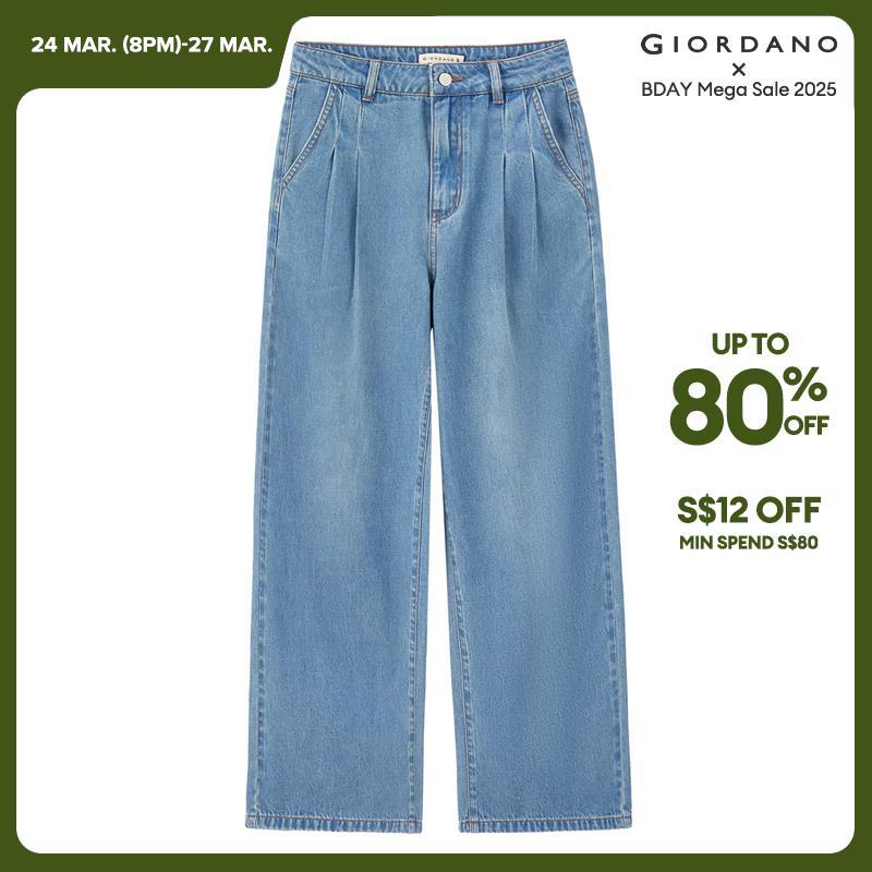Giordano Women Tencel high waist pleated ankle length denim pants Free Shipping 18424205 · v2