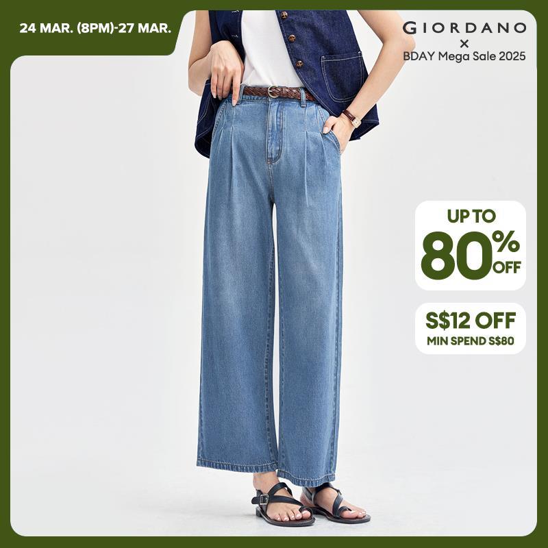 Giordano Women Tencel high waist pleated ankle length denim pants Free Shipping 18424205 · v2