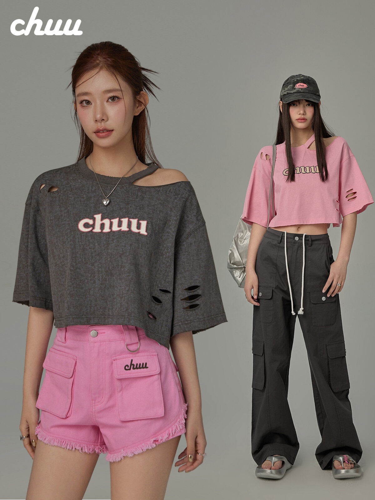 Chuu Letter Patch Embroidery Hole T-Shirt Women's Summer New Basic School Hollow out Shoulder Loose Top Asymmetrical Korean Style Cotton Polyester · v2