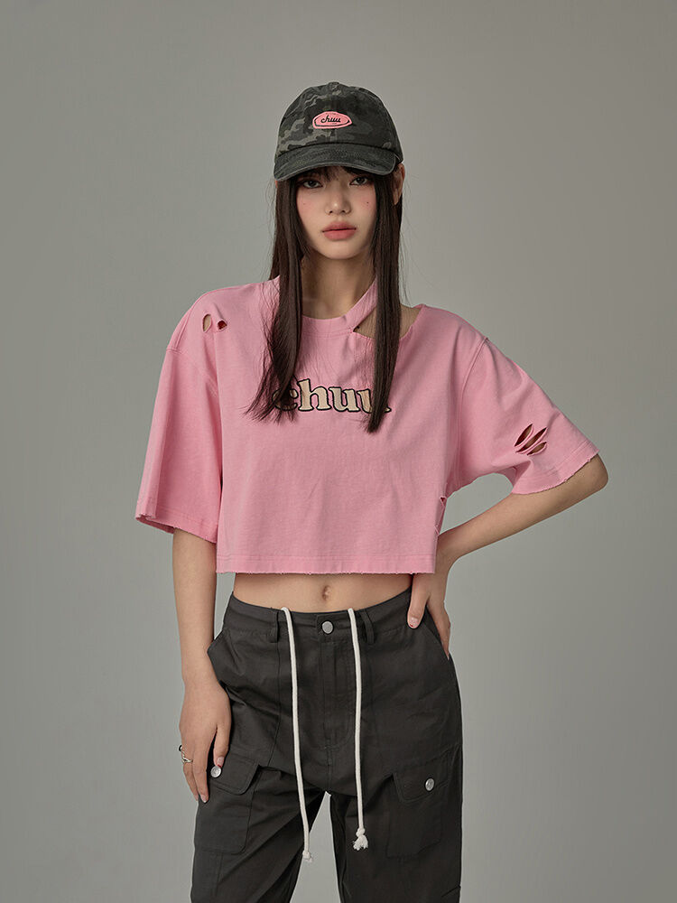 Chuu Letter Patch Embroidery Hole T-Shirt Women's Summer New Basic School Hollow out Shoulder Loose Top Asymmetrical Korean Style Cotton Polyester · v2
