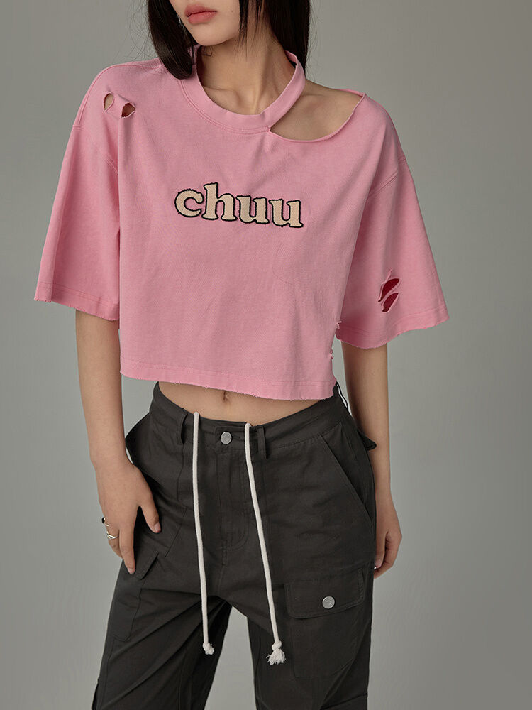 Chuu Letter Patch Embroidery Hole T-Shirt Women's Summer New Basic School Hollow out Shoulder Loose Top Asymmetrical Korean Style Cotton Polyester · v2