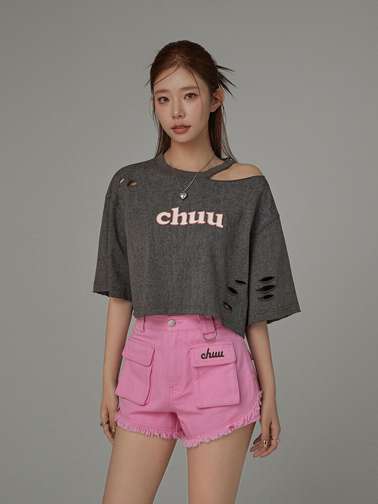 Chuu Letter Patch Embroidery Hole T-Shirt Women's Summer New Basic School Hollow out Shoulder Loose Top Asymmetrical Korean Style Cotton Polyester · v2