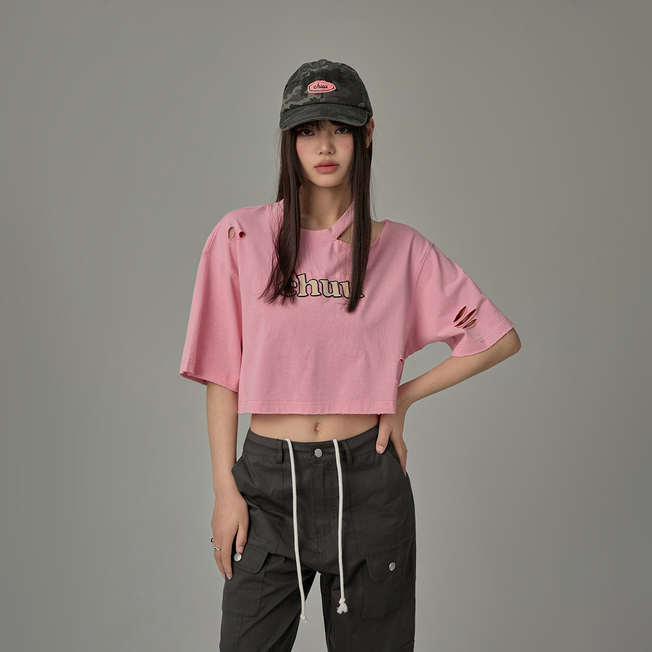 Chuu Letter Patch Embroidery Hole T-Shirt Women's Summer New Basic School Hollow out Shoulder Loose Top Asymmetrical Korean Style Cotton Polyester · v2