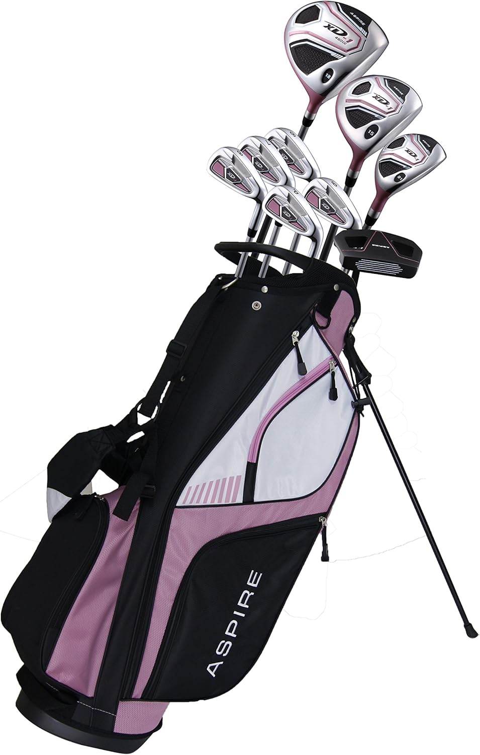 Aspire XD1 Ladies Womens Complete Golf Clubs Set Includes Titanium Driver, S.S. Fairway, Hybrid, 6-PW Irons, Putter, Bag, 3 H/C's Pink Petite Size