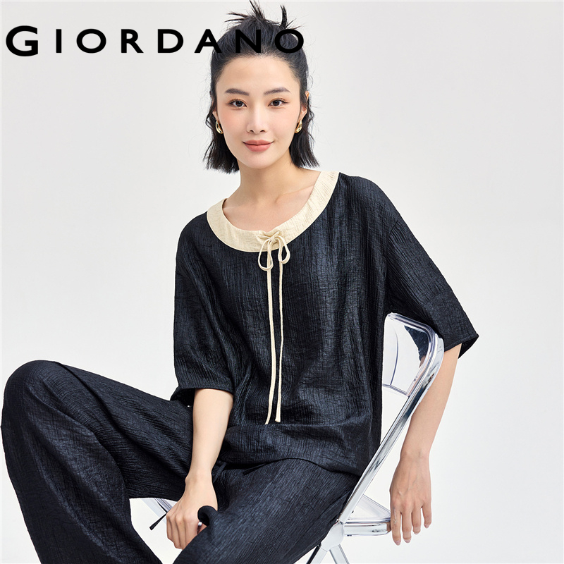 Giordano Women Contrasting drawstring u-neck puff sleeve blouse Free Shipping 18344916