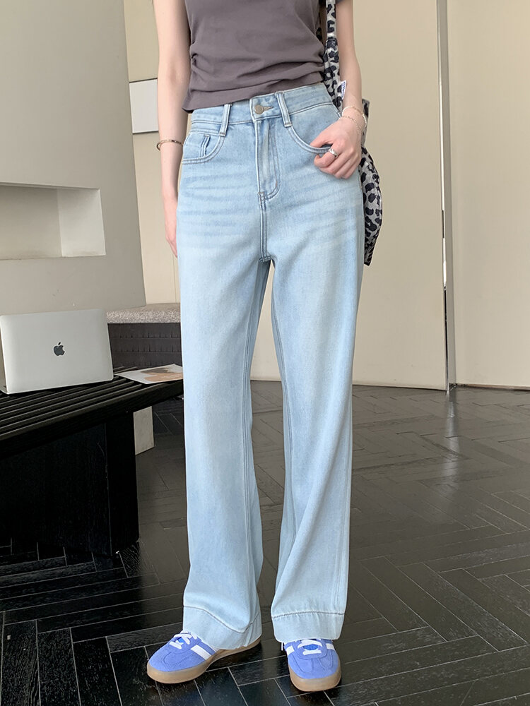 Out of Print Contraction Trouser ~ Glacier Blue Straight-leg Narrow Version Denim Women's Summer Thin High Waist Loose Mop Wide-Leg Pants
