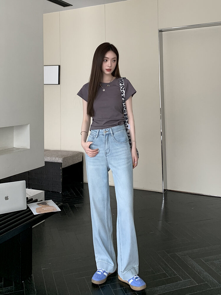 Out of Print Contraction Trouser ~ Glacier Blue Straight-leg Narrow Version Denim Women's Summer Thin High Waist Loose Mop Wide-Leg Pants